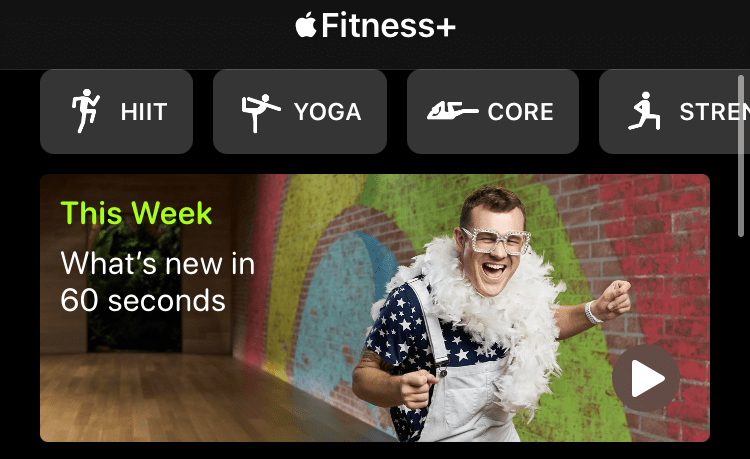 Screenshot of Apple Fitness+ App showing its home page