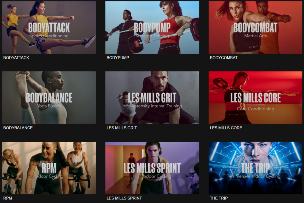 Screenshot of Les Mills+ On Demand website showcasing multiple classes